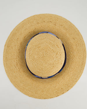 Hermès Beige Raffia Woven Hat with Blue Silk Detail Size 57