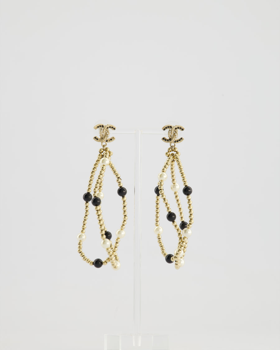 Chanel Champagne Gold CC Logo and Beaded Pendant Earrings