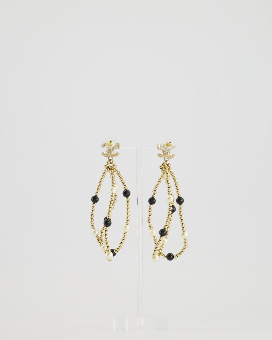 Chanel Champagne Gold CC Logo and Beaded Pendant Earrings