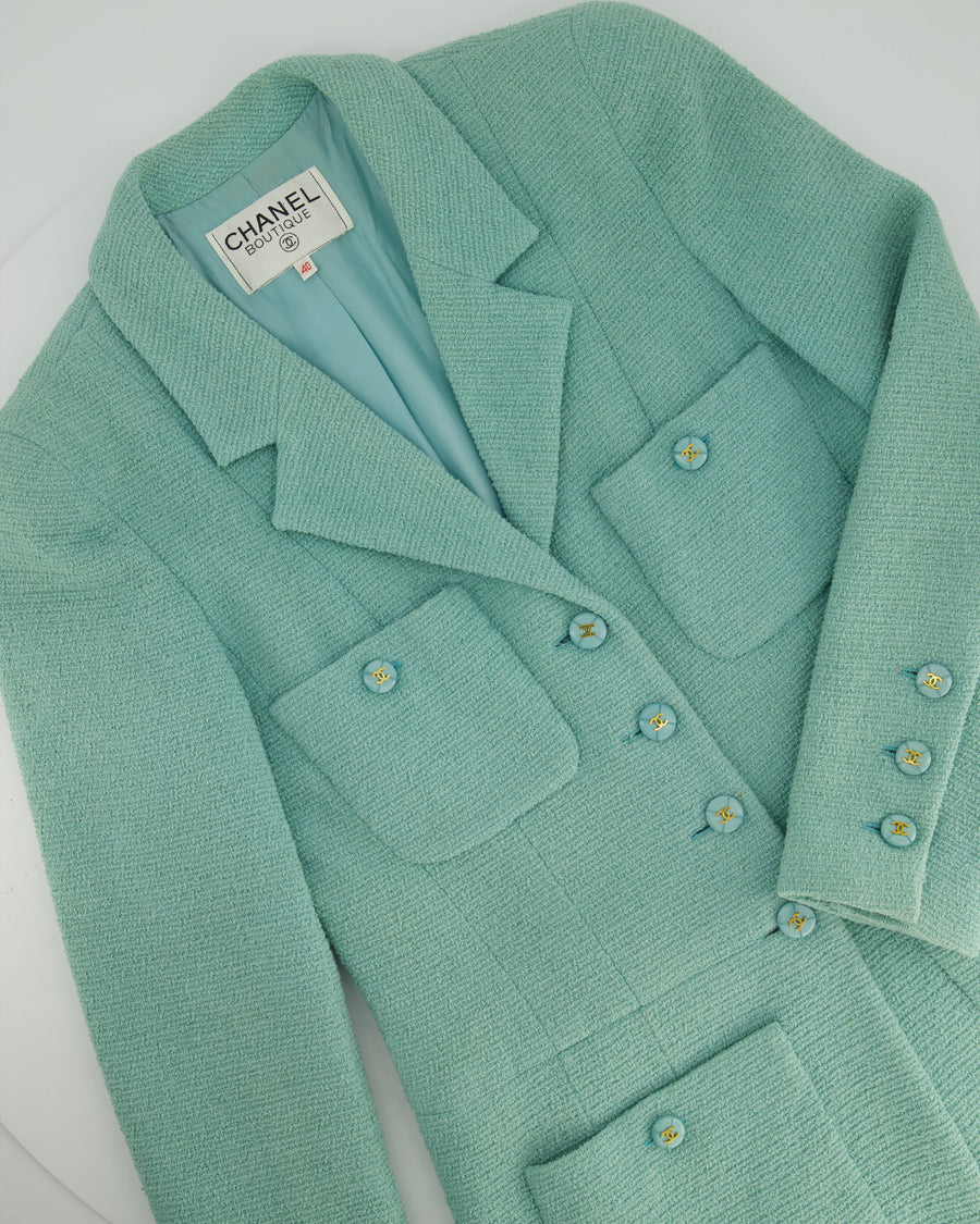 Chanel Tiffany Blue Tweed Jacket with Blue and Gold CC Button Details Size FR 40 (UK 12)