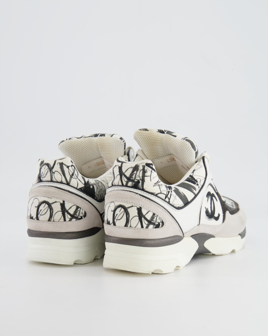 Chanel Grey, White, Black Leather and Suede Graffiti CC Trainers Size EU 38.5