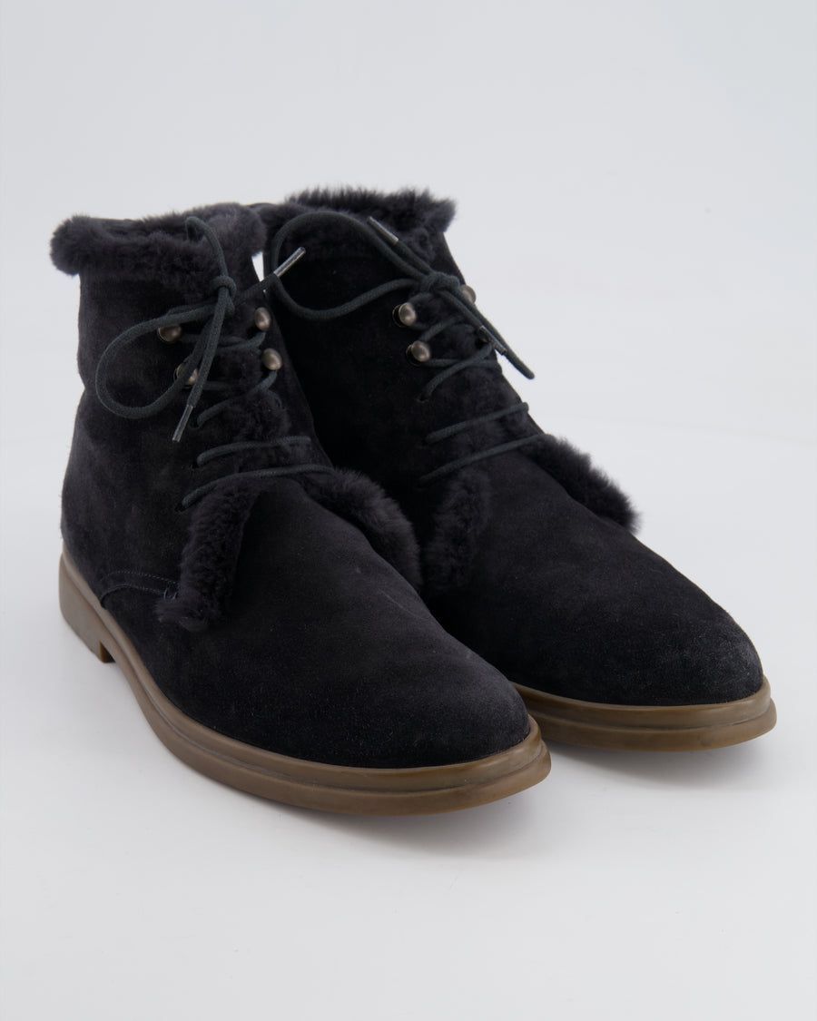 Loro Piana Navy Suede and Fur Laced-Up Ankle Boots Size EU 38