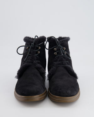Loro Piana Navy Suede and Fur Laced-Up Ankle Boots Size EU 38