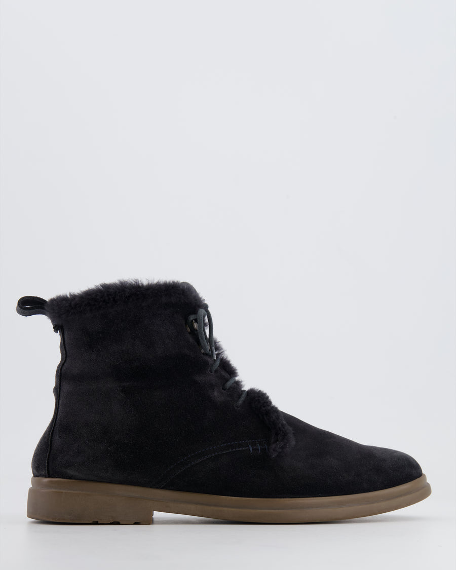 Loro Piana Navy Suede and Fur Laced-Up Ankle Boots Size EU 38