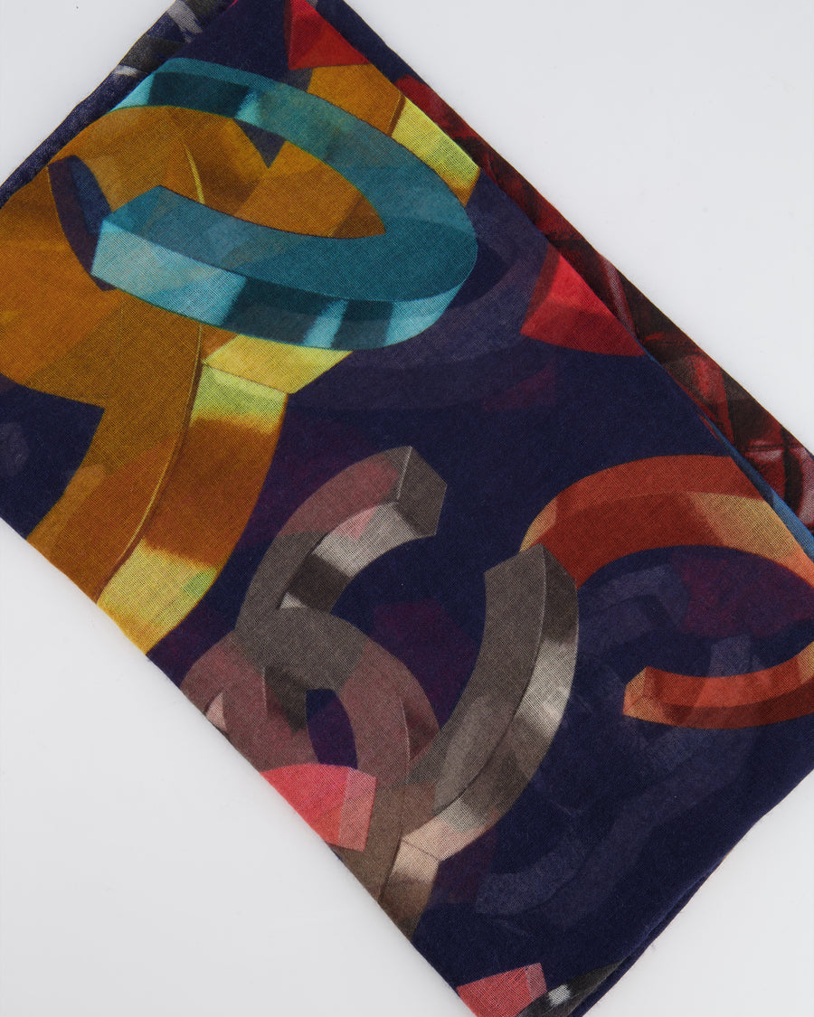 Chanel Navy and Multicolour Scarf with CC Logo Detail