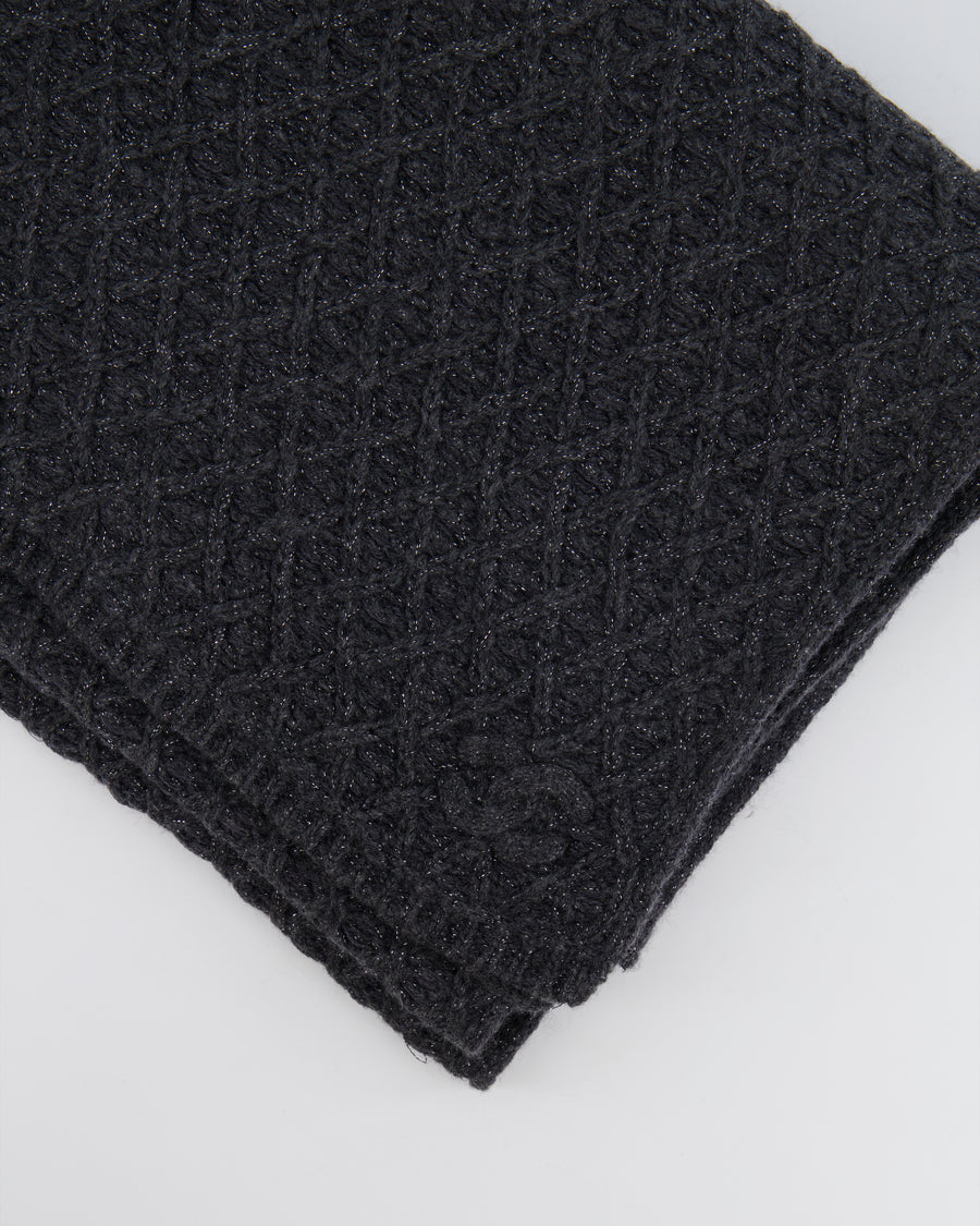 Chanel Grey Cashmere Scarf with Metallic Threads and CC Logo Detail