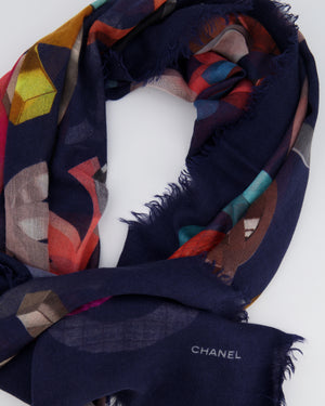 Chanel Navy and Multicolour Scarf with CC Logo Detail