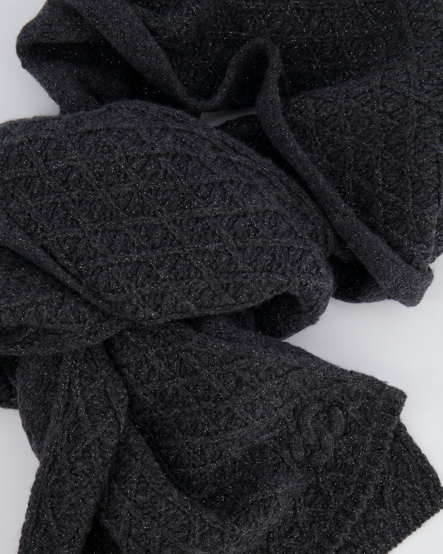 Chanel Grey Cashmere Scarf with Metallic Threads and CC Logo Detail