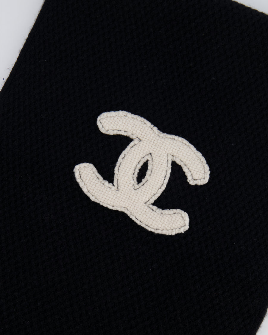 Chanel Black Cashmere Scarf with White CC Logo Detail