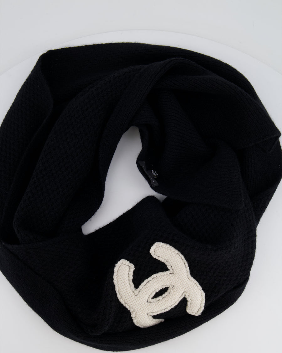 Chanel Black Cashmere Scarf with White CC Logo Detail
