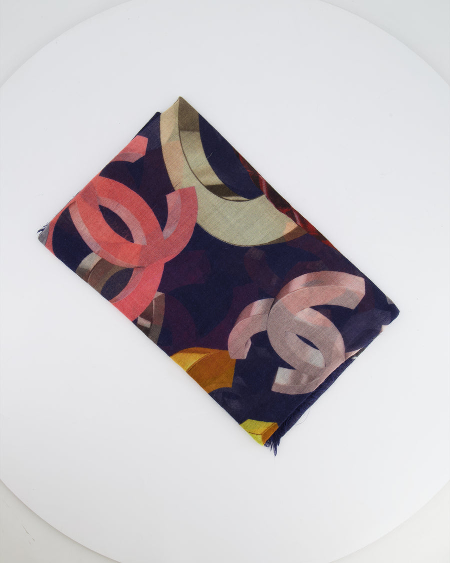 Chanel Navy and Multicolour Scarf with CC Logo Detail