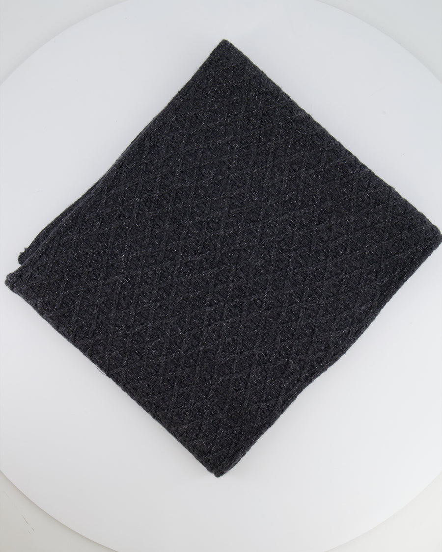 Chanel Grey Cashmere Scarf with Metallic Threads and CC Logo Detail