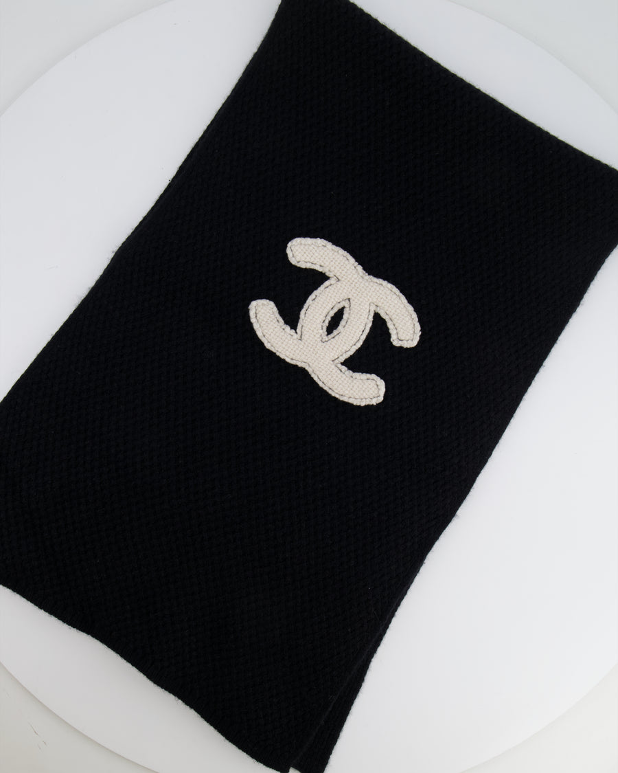 Chanel Black Cashmere Scarf with White CC Logo Detail