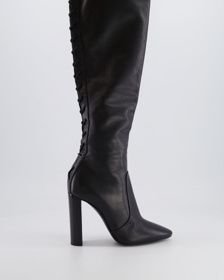 Saint Laurent Black 76 Leather Laced Thigh-High Boots Size 37.5 RRP £1,700