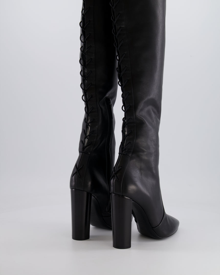 Saint Laurent Black 76 Leather Laced Thigh-High Boots Size 37.5 RRP £1,700