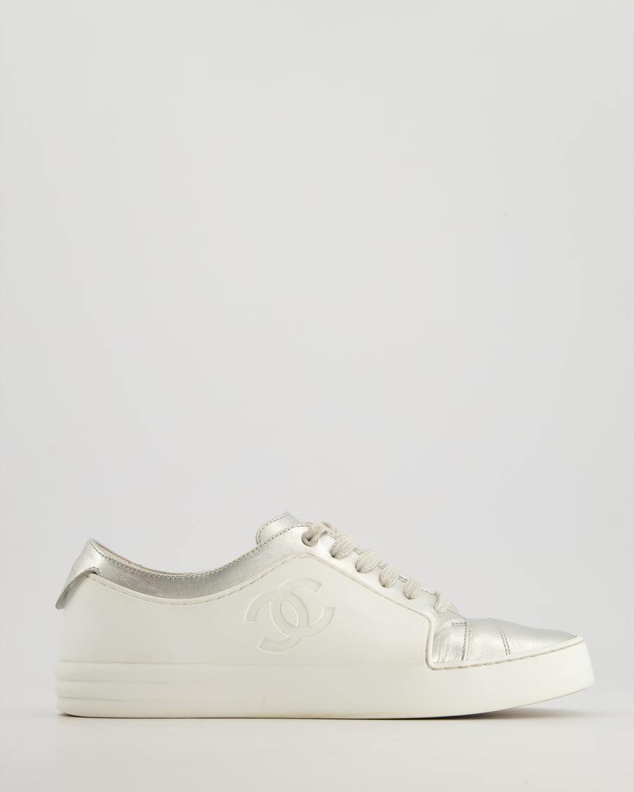 Chanel White and Silver Trainers with CC Logo Size EU 37.5