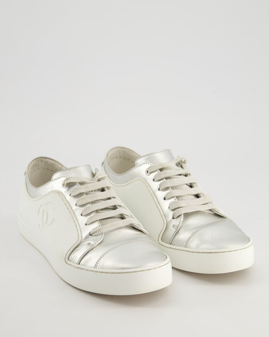 Chanel White and Silver Trainers with CC Logo Size EU 37.5