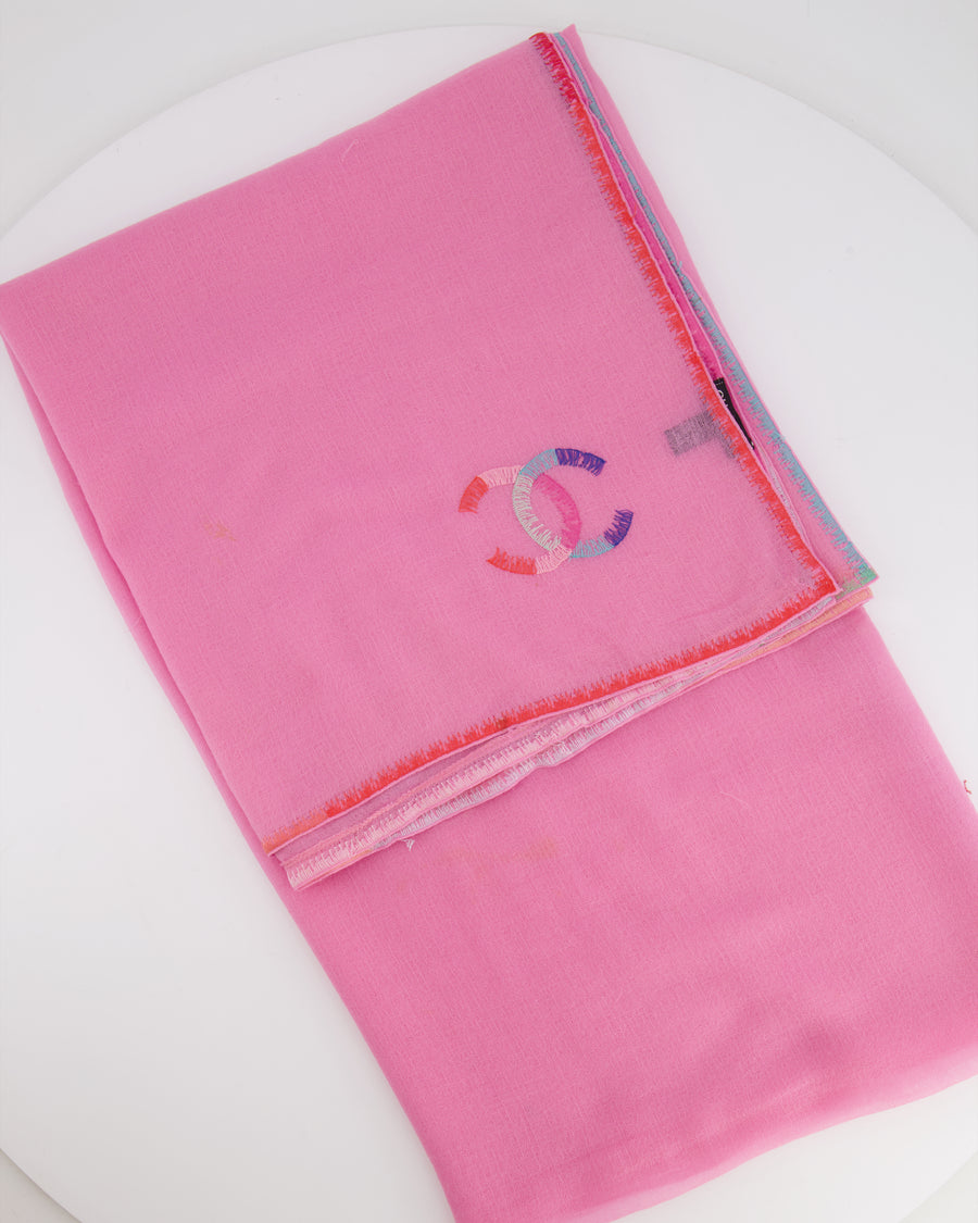 Chanel Pink Wool Shawl with Multicolour CC Logo Detail