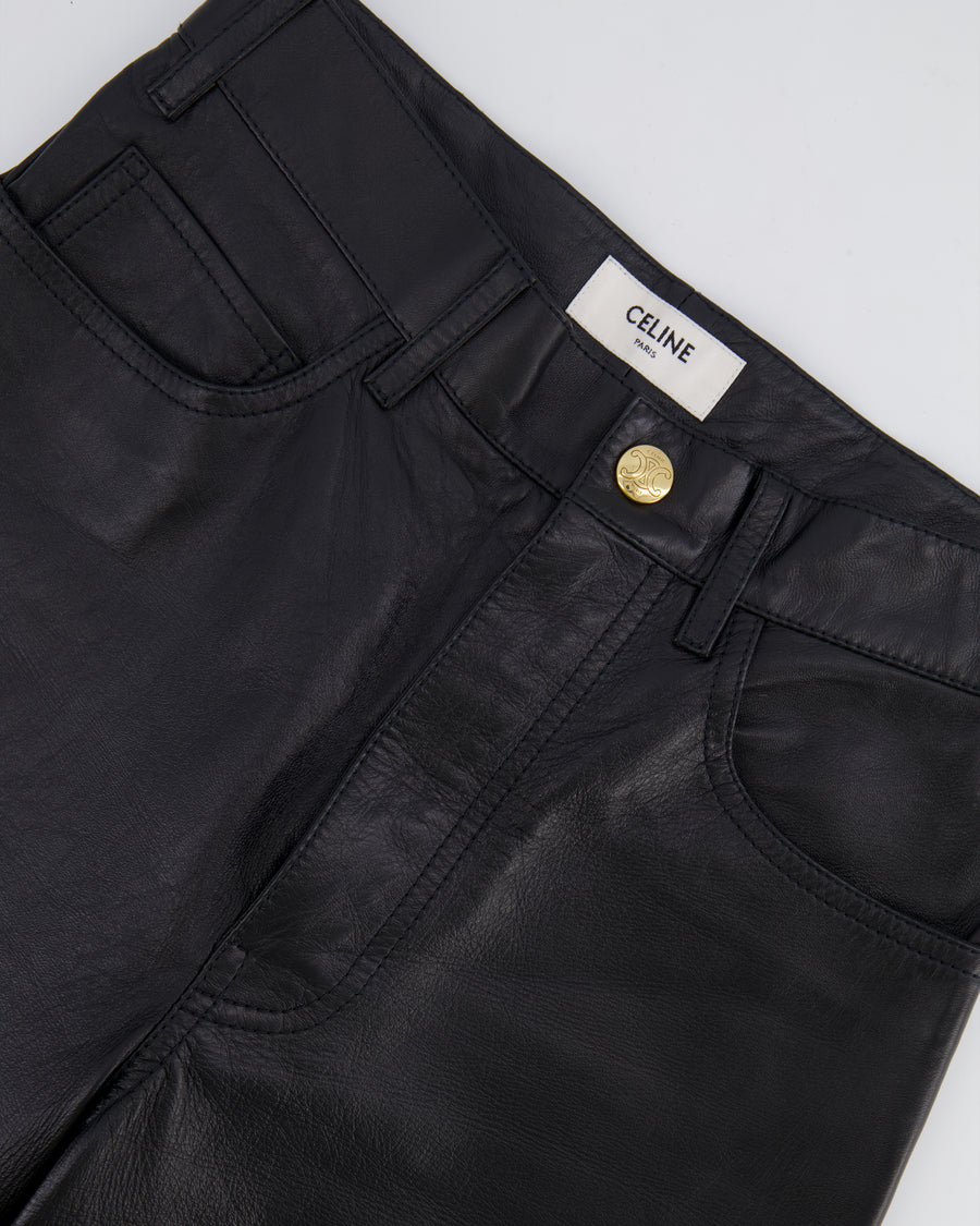 Celine Black Lulu Lambskin Leather Trousers with Gold Logo Button Detail Size 26 (UK 8) RRP £2,700