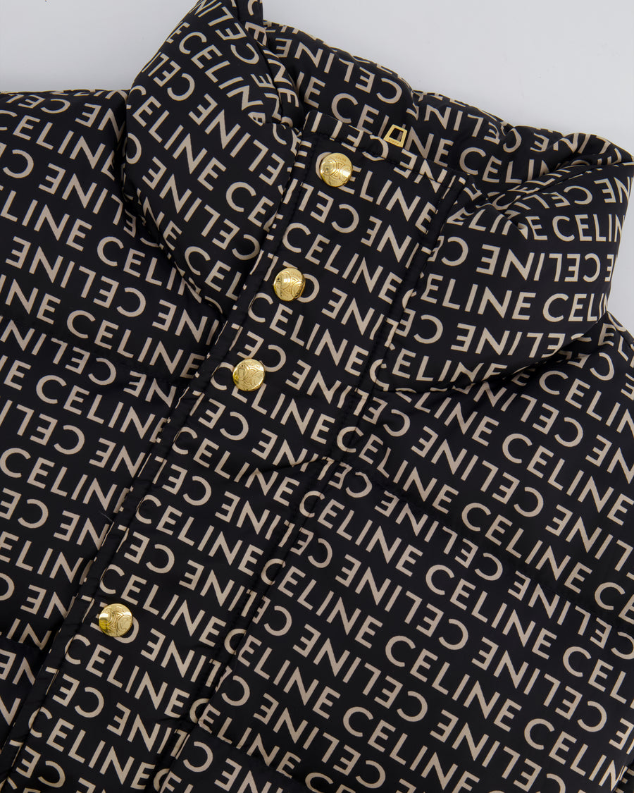 Celine Black and Beige Sleeveless Puffer Jacket with Logo Prints Size XS (UK 6)