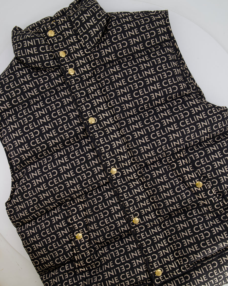 Celine Black and Beige Sleeveless Puffer Jacket with Logo Prints Size XS (UK 6)