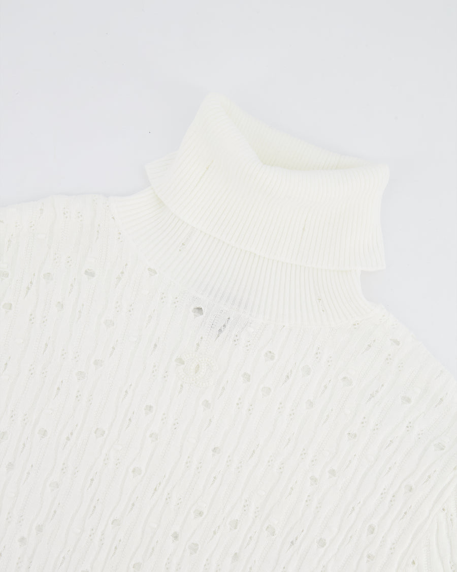 Chanel 22C White Perforated High Neck Jumper with CC Logo Detail Size FR 34 (UK 6) RRP £1,900