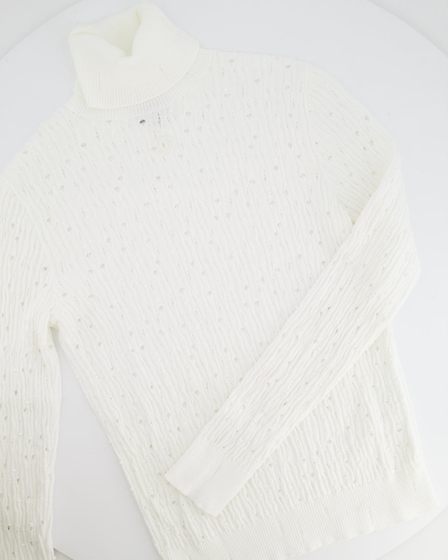 Chanel 22C White Perforated High Neck Jumper with CC Logo Detail Size FR 34 (UK 6) RRP £1,900