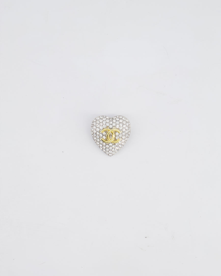Chanel Crystal Heart Brooch With Gold CC Logo and Hardware
