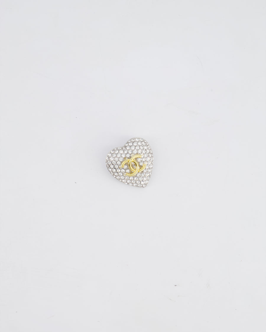 Chanel Crystal Heart Brooch With Gold CC Logo and Hardware