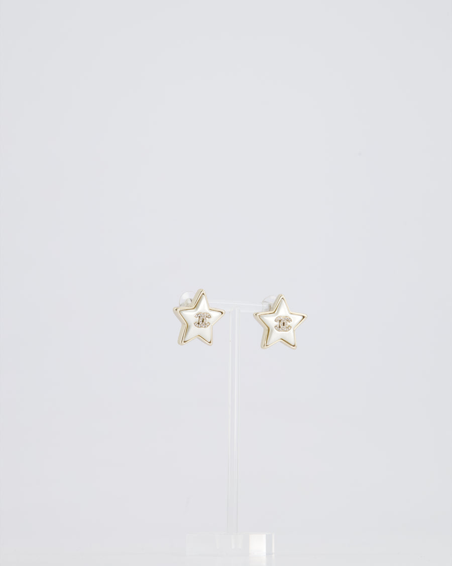 Chanel Pearl Star Stud Earrings With Crystal CC Logo and Silver Hardware