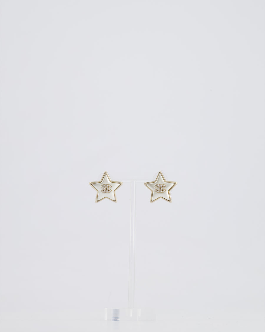 Chanel Pearl Star Stud Earrings With Crystal CC Logo and Silver Hardware