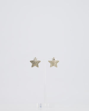 Chanel Pearl Star Stud Earrings With Crystal CC Logo and Silver Hardware