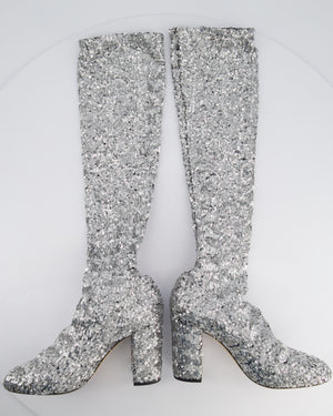 Dolce & Gabbana Silver Sequin Over The Knee Boots With Block Heel Size EU 39.5