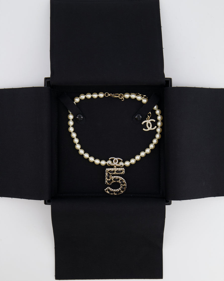 *HOT* Chanel 2023 Pearl, Leather and Crystal Embellished No.5 Necklace