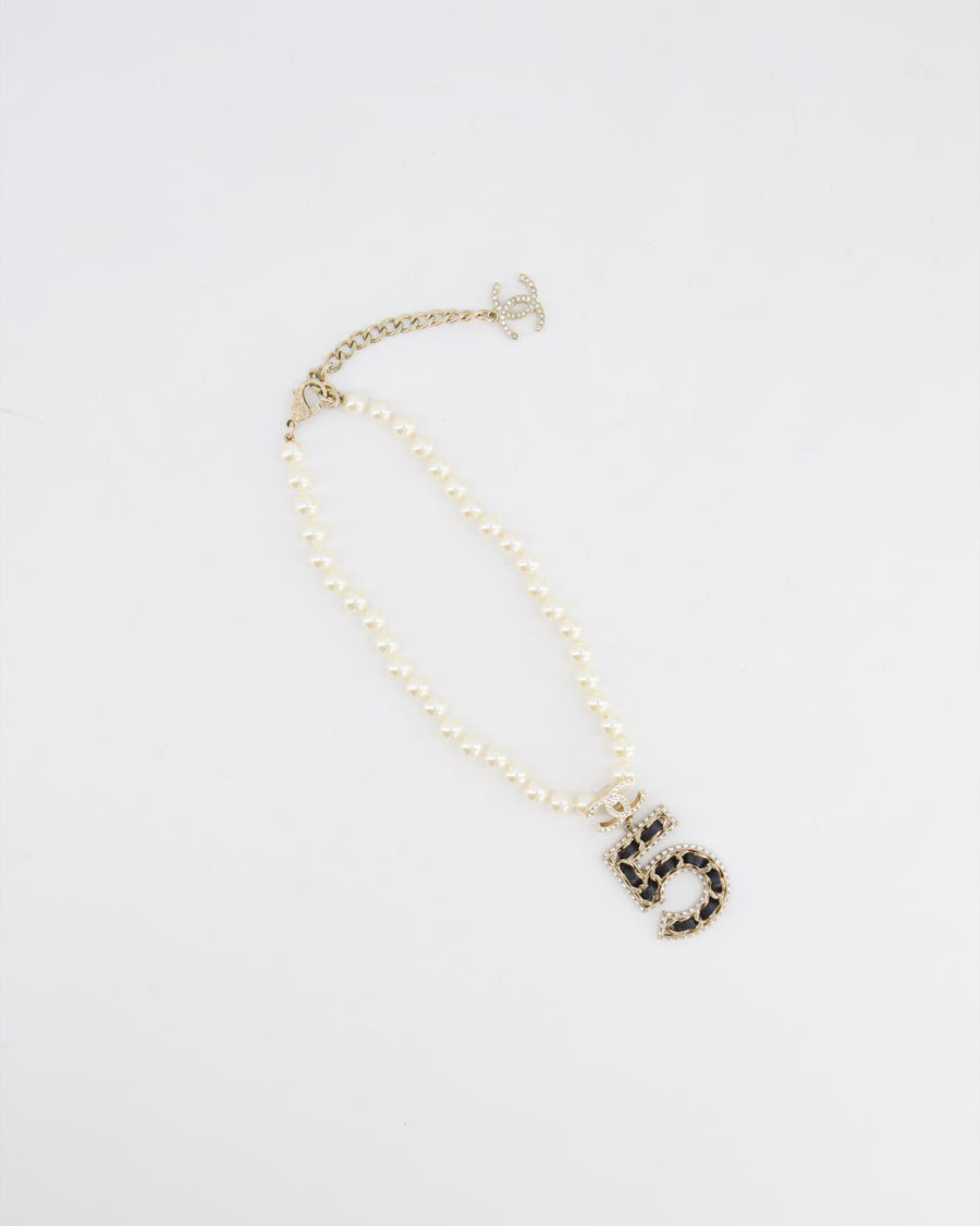 *HOT* Chanel 2023 Pearl, Leather and Crystal Embellished No.5 Necklace