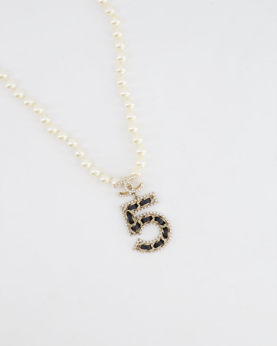 *HOT* Chanel 2023 Pearl, Leather and Crystal Embellished No.5 Necklace