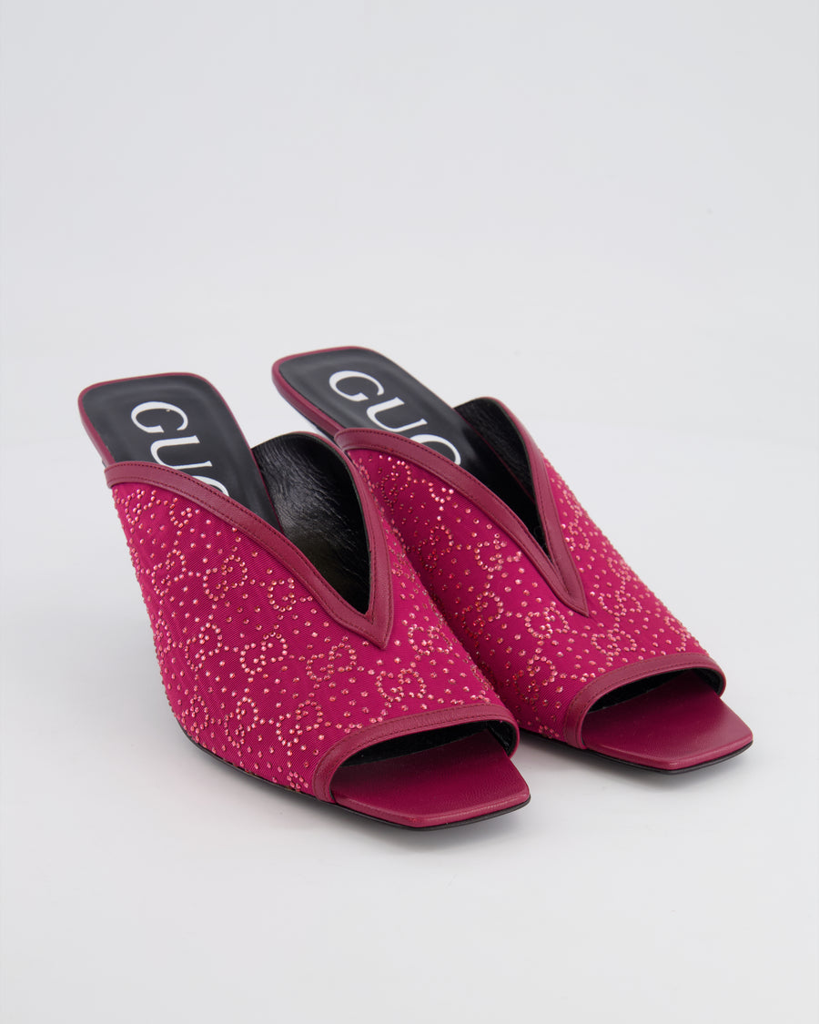 Gucci Pink GG Embellished Heeled Mules with Back Crystal Logo Detail Size EU 39.5