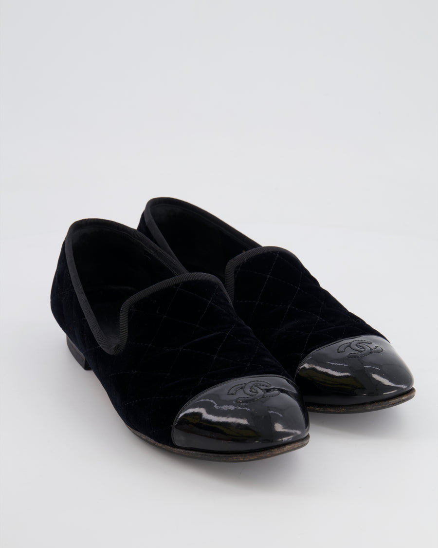 Chanel Black Quilted Velvet and Patent Leather Loafers with CC Logo Detail Size EU 40C