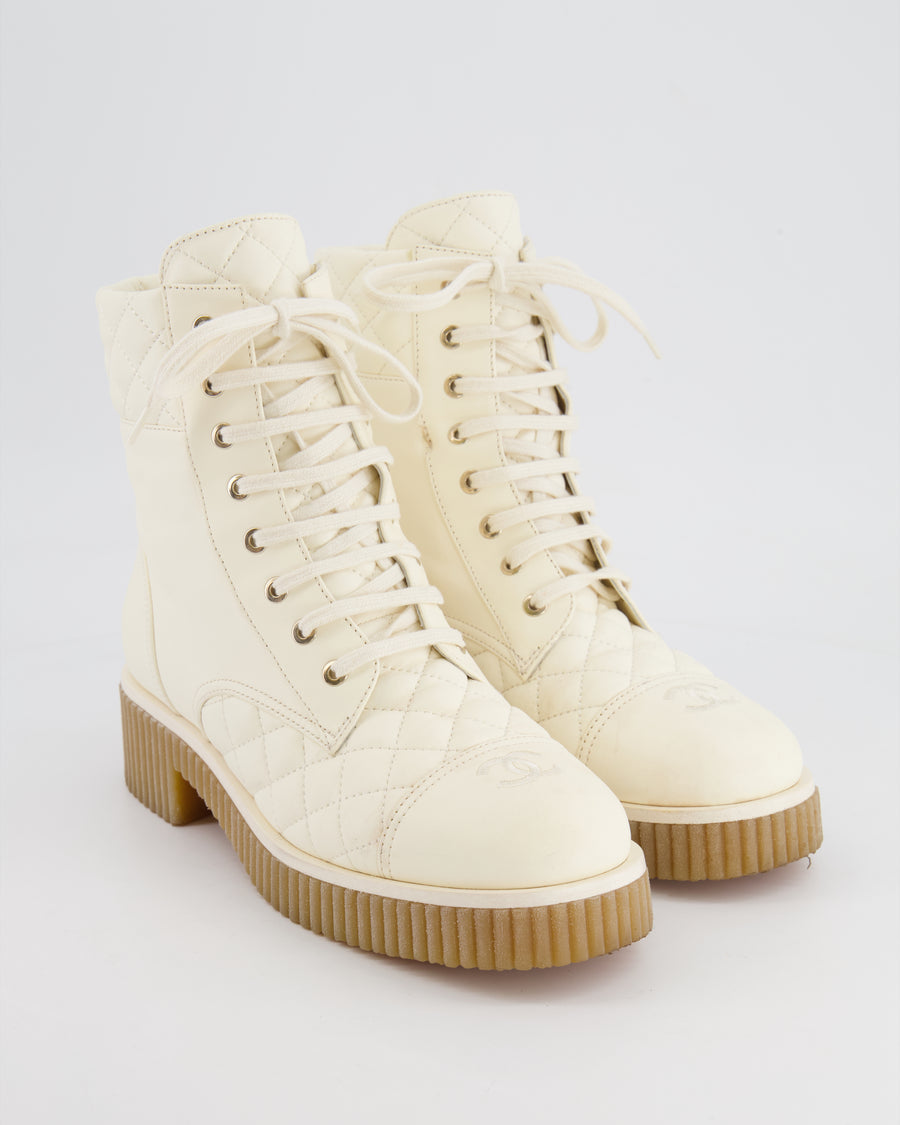 Chanel Cream Leather Quilted Boots with CC Logo Detail Size EU 40