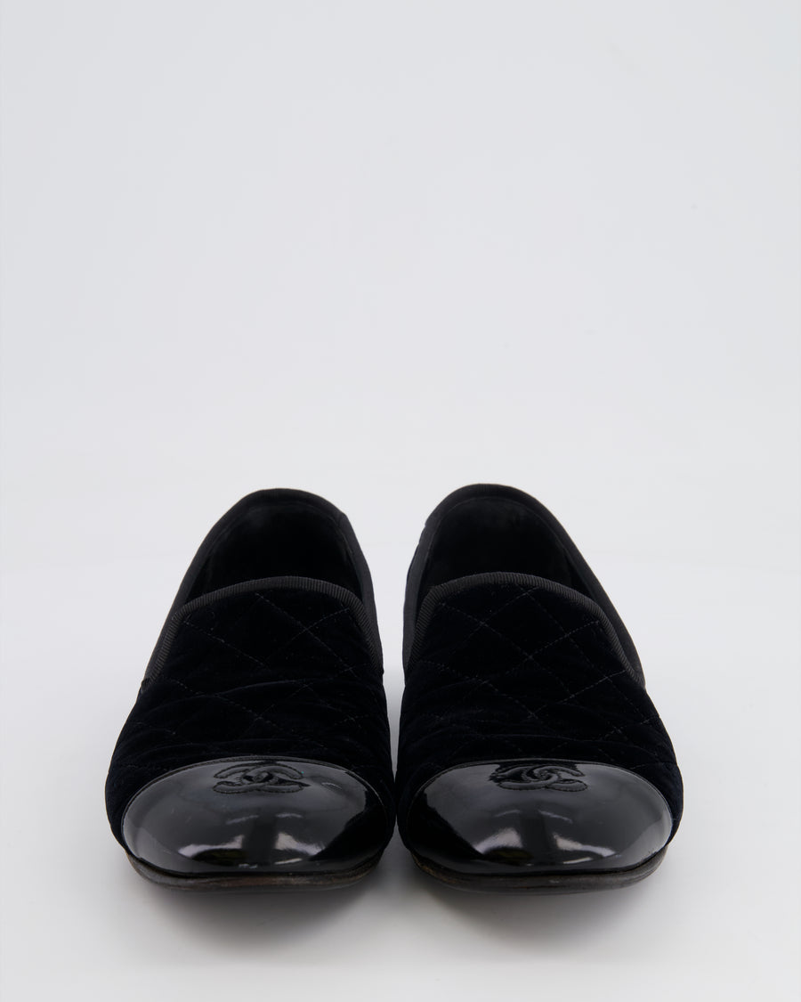 Chanel Black Quilted Velvet and Patent Leather Loafers with CC Logo Detail Size EU 40C