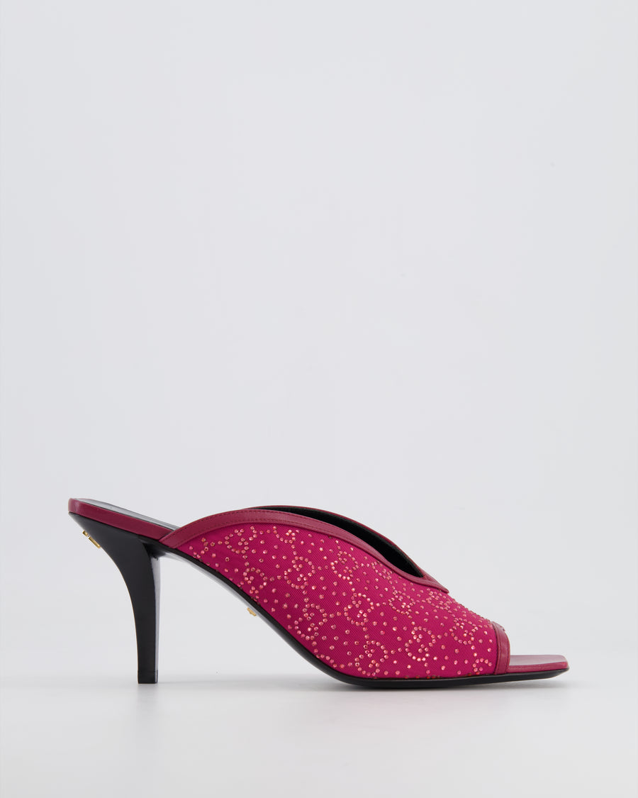 Gucci Pink GG Embellished Heeled Mules with Back Crystal Logo Detail Size EU 39.5