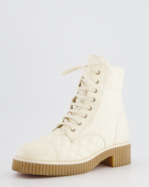 Chanel Cream Leather Quilted Boots with CC Logo Detail Size EU 40