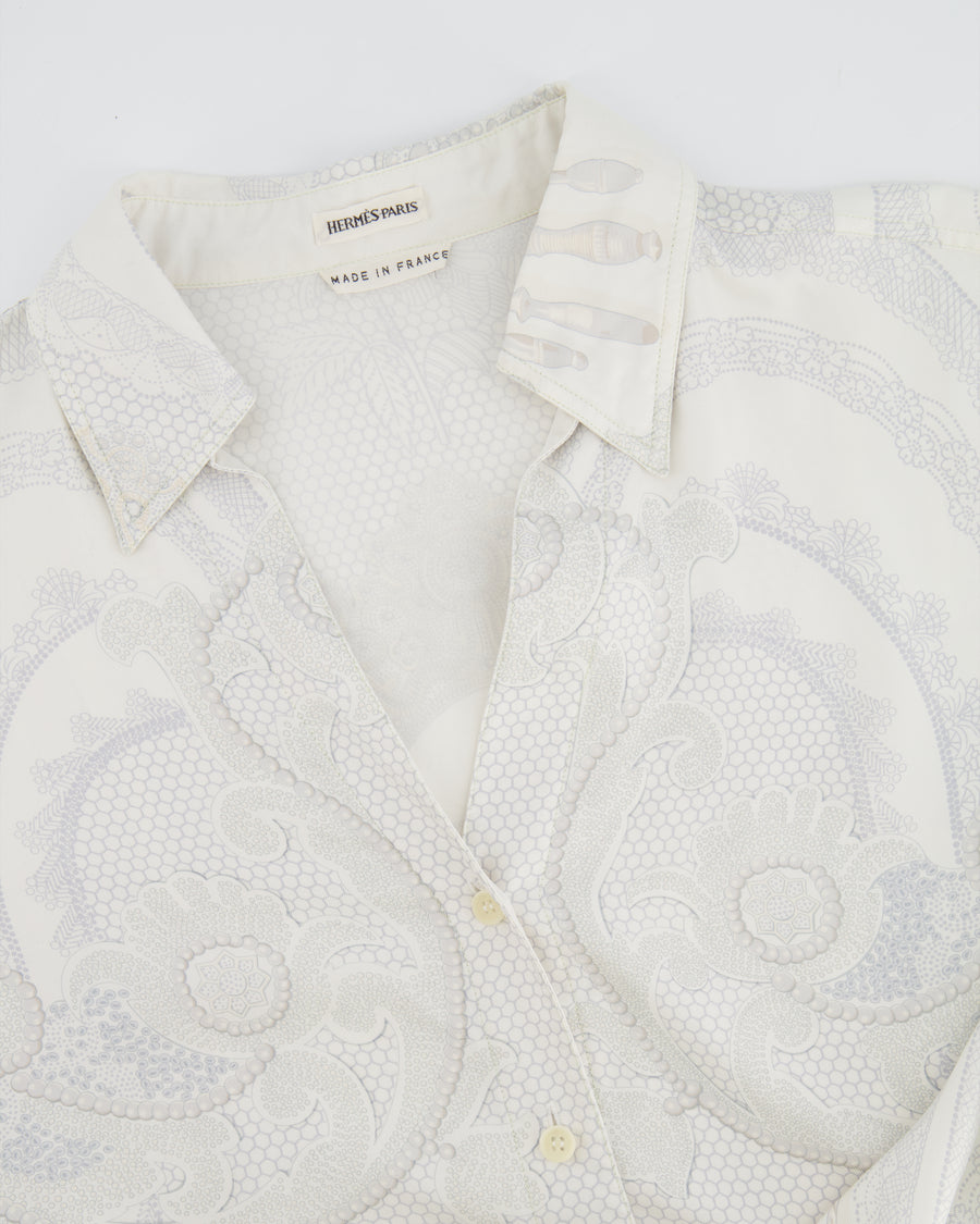 Hermès White and Grey "Doigts de fée" Silk Printed Shirt Size FR 38 (UK 10)