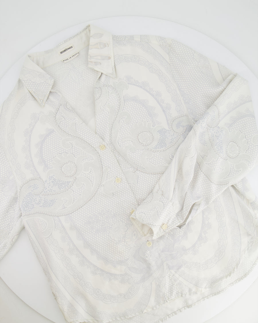Hermès White and Grey "Doigts de fée" Silk Printed Shirt Size FR 38 (UK 10)