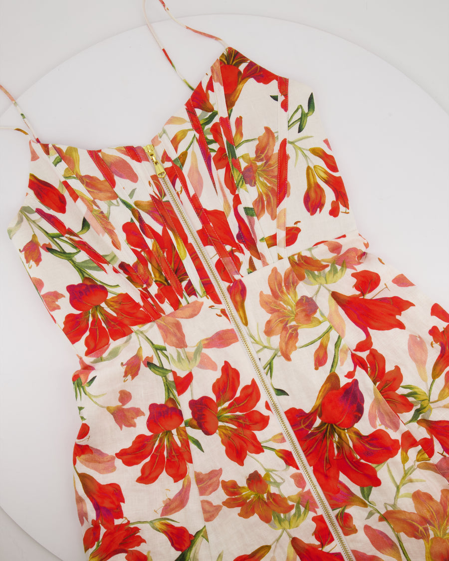 Zimmemann White and Orange Printed Floral Midi Dress Size 2 (UK 10/12)