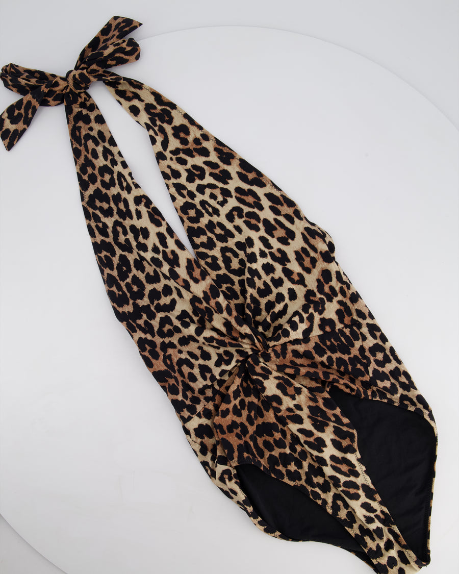 Ganni Leopard Print Neck Tie One-Piece Swimsuit Size IT 38 (UK 6)