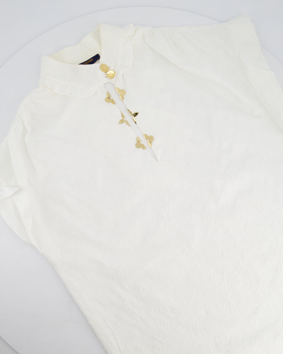 Louis Vuitton White Cotton Short Sleeve Shirt With Monogram Embroidery and Gold Logo Detail Size FR 36 (UK 8)