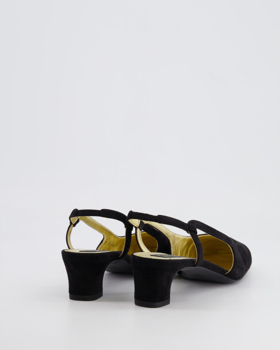 Chanel Black Suede Slingback Heel with Gold CC Detail Size EU 36C