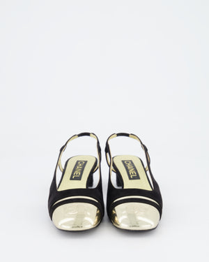 Chanel Black Suede Slingback Heel with Gold CC Detail Size EU 36C