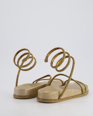 Rene Caovilla Gold Crystal Embellished Sandal with Ankle Strap Size EU 36.5